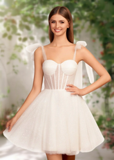 Cara | Ivory Glitter Sequin A Line Corset Short Homecoming Dress Bow