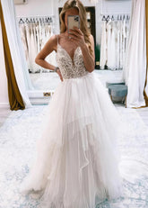 Marcia | Boho Spaghetti Strap V Neck Lace and Tulle Wedding Dress