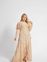 Theresa | Champagne and Royal Blue Plus Size A Line ruffle Prom Dress with Slit - Rose Gold - PromDressClub