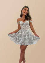 Gold Cocktail Dress Short Lace Cute Off Shoulder With Layered | PromDressClub