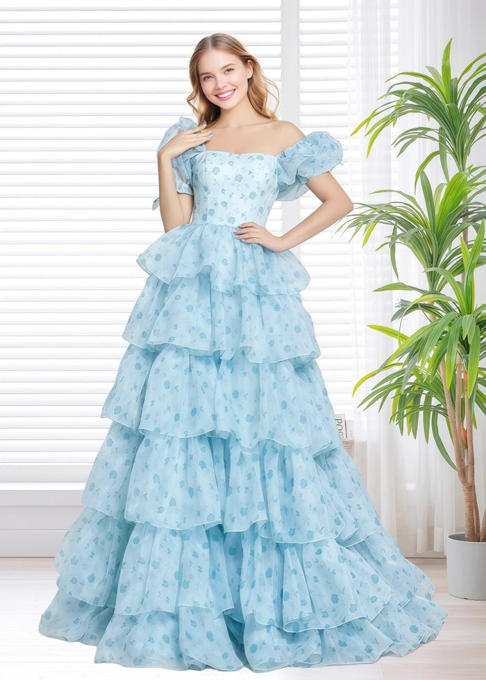 A Line Light Blue Floral Puff Sleeve Ruffle Maxi Formal Dress - Light Blue Floral - PromDressClub
