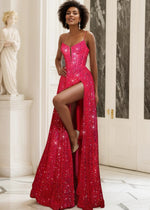 Tina | Red Sequin A Line Corset Backless Prom Dress with Slit - Red - PromDressClub