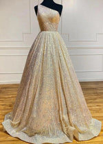 Christie | A Line/Princess Plus Size Orange Seuquin Backless One Shoulder Prom Dress - Gold - PromDressClub