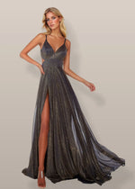 Shirley | Emerald Green and Royal Blue A Line Metallic Prom Dress with Slit - Black - PromDressClub