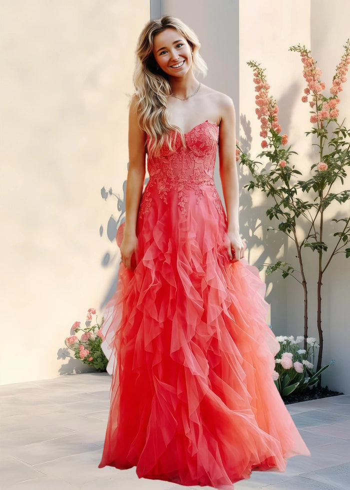 Adelaide | Coral Color Tulle Corset Backless Formal Dress - Coral - PromDressClub