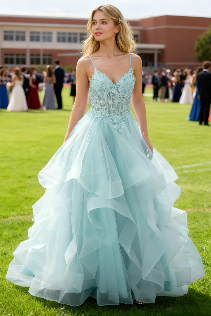 Aetherium Light Blue Lace Corset Prom Dress | A - Line Sweetheart Neckline Rhinestones Ruffle Floor Length Dress - US0 - PromDressClub