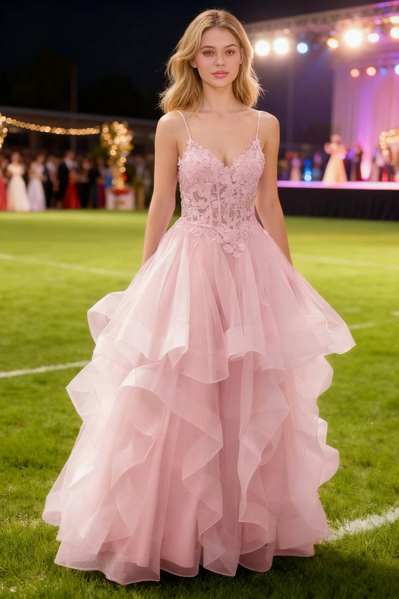 Aetherium Light Pink Lace Corset Prom Dress | A - Line Sweetheart Neckline Rhinestones Ruffle Floor Length Dress - US0 - PromDressClub