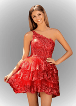 Agatha | A Line Balck One Shoulder Black Sequin Homecoming Dress with Ruffles - Red - PromDressClub