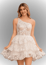 Agatha | A Line Balck One Shoulder Black Sequin Homecoming Dress with Ruffles - White - PromDressClub