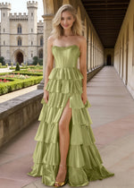 Aila Sage Green Satin Corset Prom Dress with Ruffles | A - Line Strapless Beaded Tiered Formal Dress with Slit - Sage Green - PromDressClub