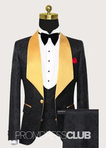 Allen |Black Prom Suits for Men With Jacquard Tuxedo with Gold Shawl Lapel | Three Pieces Men Suits - Price #price_variant_lowest# - 34 - PromDressClub