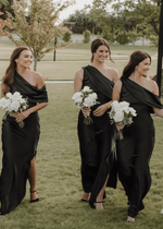Alva | Sophisticated Sheath Dusty Blue Satin Maxi Bridesmaid Dress with Slit and One Shoulder - Price #price_variant_lowest# - Black - PromDressClub