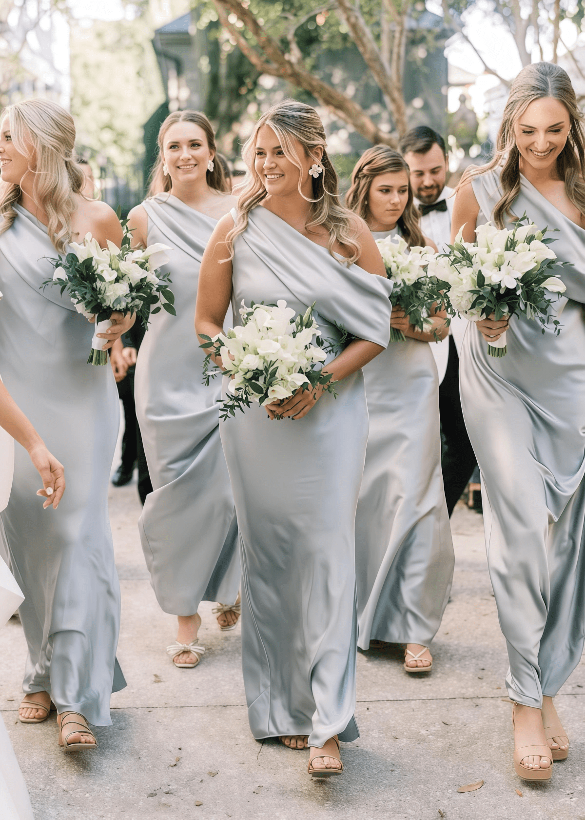 Alva | Sophisticated Sheath Dusty Blue Satin Maxi Bridesmaid Dress with Slit and One Shoulder - Price #price_variant_lowest# - Dusty Blue - PromDressClub