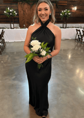 Amanda | Party Vibe Sheath Sage Green Satin Maxi Bridesmaid Dress with Halter and Backless - Price #price_variant_lowest# - Black - PromDressClub