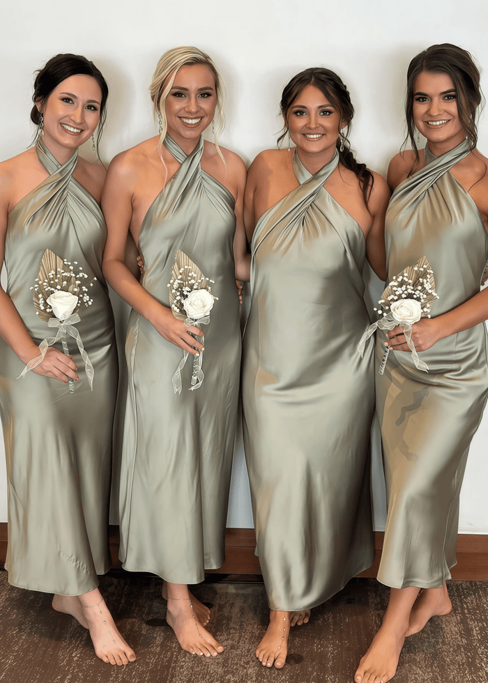 Amanda | Party Vibe Sheath Sage Green Satin Maxi Bridesmaid Dress with Halter and Backless - Price #price_variant_lowest# - Sage - PromDressClub