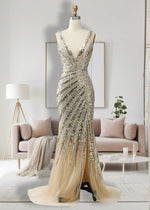 Amanda | Gold Mermaid V Neck Backless Sequin Prom Dress with Slit - Gold - PromDressClub