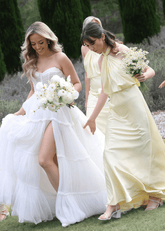 Amy | Sheath Twist Knot Pale Yellow Stretch Satin Maxi Bridesmaid Dress with Halter and Backless - Price #price_variant_lowest# - Pale Yellow - PromDressClub