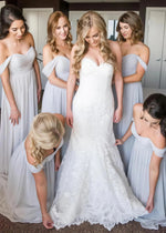 Anastasia | Boho A - Line Corset Backless Light Grey Chiffon Maxi Bridesmaid Dress with Off the Shoulder and Sweetheart Neck - Price #price_variant_lowest# - Grey - PromDressClub