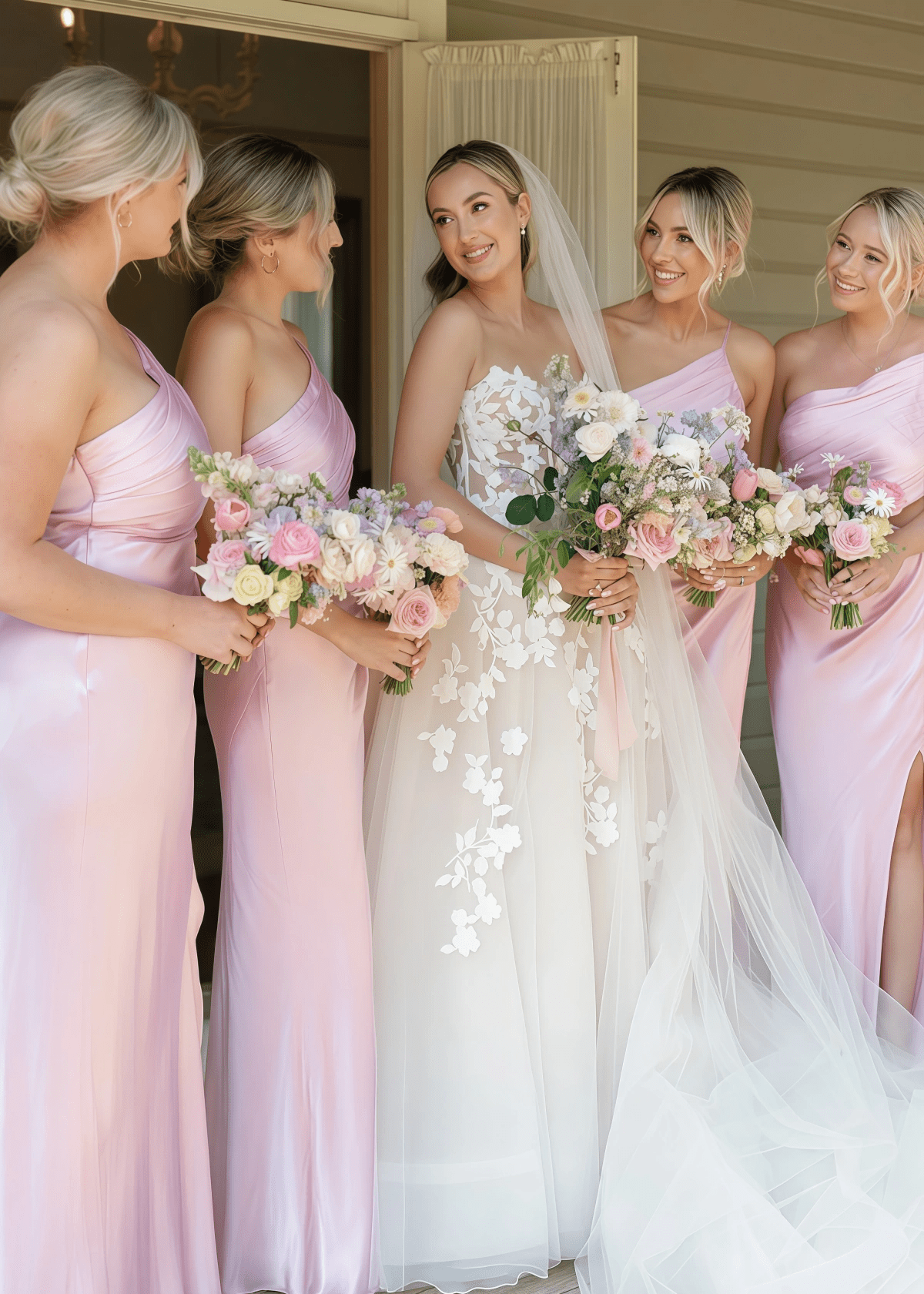 Ann | Sheath Pleated Cutout Fitted Light Pink Satin Maxi Bridesmaid Dress with Slit and One Shoulder - Price #price_variant_lowest# - Light Pink - PromDressClub