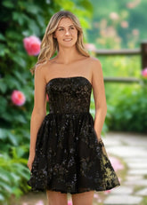 Annette | A Line Red Sequin Corset Strapless Short Homecoming Dress - Black - PromDressClub
