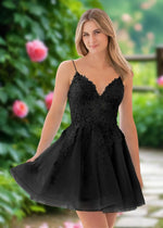 Ariana | Light Blue Lace Corset A Line Short Homecoming Dress - Black - PromDressClub