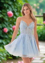 Ariana | Light Blue Lace Corset A Line Short Homecoming Dress - Light Blue - PromDressClub