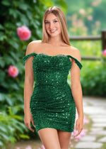 Ariel | Bodycon Black Sequin Off the Shoulder Corset Short Beaded Homecoming Dress - Emerald Green - PromDressClub