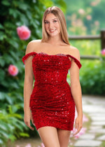 Ariel | Bodycon Black Sequin Off the Shoulder Corset Short Beaded Homecoming Dress - Red - PromDressClub