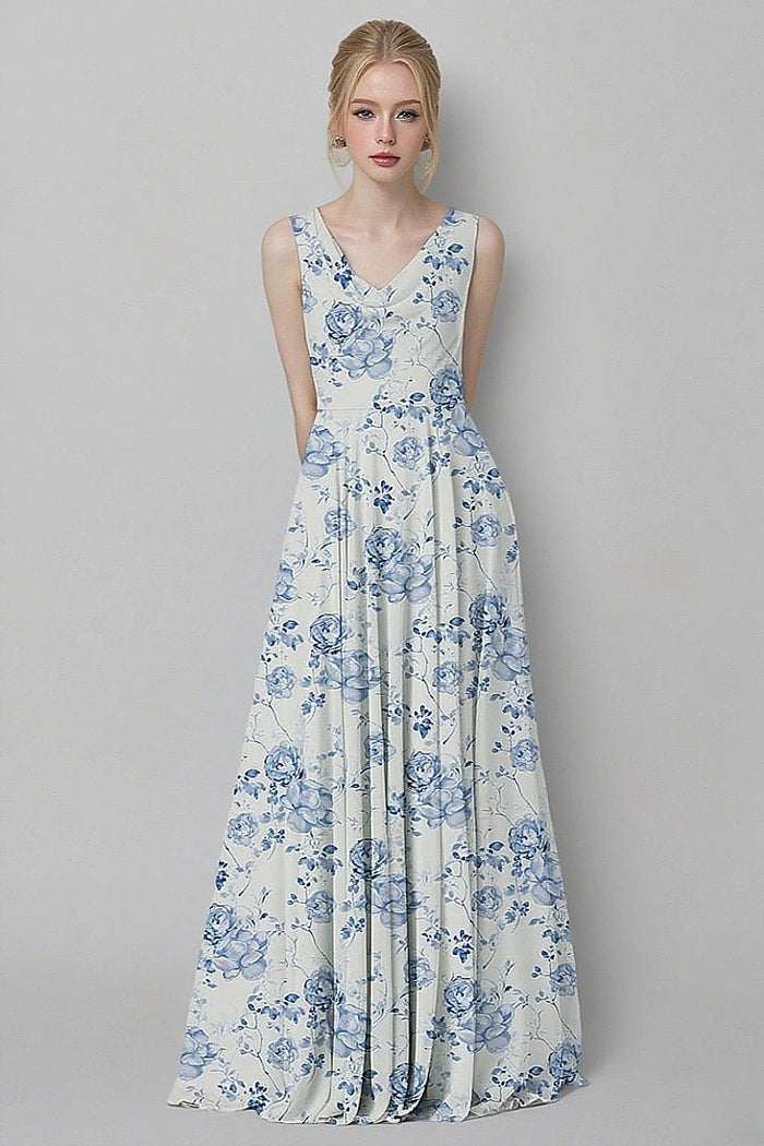 Astounding Aura Blue Floral Bridesmaid Dress: Flattering & Comfortable Wedding Wear - Blue Floral - PromDressClub