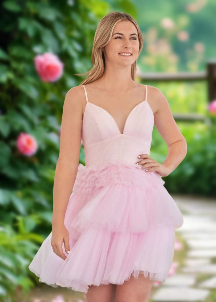 Audrey | A Line Light Pink Tulle Corset Tiered Ruffle Short Homecoming Dress - Light Pink - PromDressClub