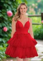 Audrey | A Line Light Pink Tulle Corset Tiered Ruffle Short Homecoming Dress - Red - PromDressClub