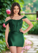 Aurora | Bodycon Navy Blue Lace Off the Shoulder Corset Mini Homecoming Dress - Dark Green - PromDressClub