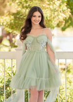 Autumn | A Line Sage Green Tulle Corset Lace Appliques Homecoming Dress Bow - Sage - PromDressClub