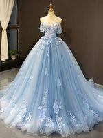 Selena | Sky Blue Prom Dresses Long Ball Gown Tulle Off - the - Shoulder Sleeveless Applique - Sky Blue - PromDressClub