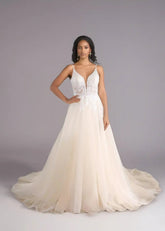 Rita |Ball - Gown/Princess V - Neck Waterfall Skirt Court Train Tulle Lace Long Wedding Dress With Train - Champagne - PromDressClub