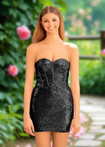 Belinda | Bodycon Fuchsia Sequin Corset Backless Short Homecoming Dress - Black - PromDressClub