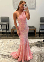 Bernice | Mermaid Long Pink Prom Dresses With Sequins One Shoulder - Pink - PromDressClub
