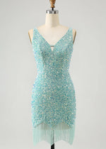Beryl |Bodycon V - neck Sequins Short Dark Blue Homecoming Dress With Fringe - Sage - PromDressClub
