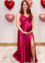 Betsy | Chic A - Line Maternity Burgundy Satin Maxi Bridesmaid Dress with Slit and Spaghetti Straps - Price #price_variant_lowest# - Burgundy - PromDressClub