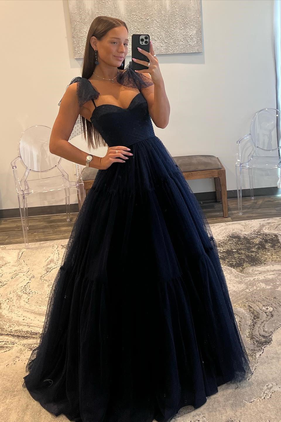 Caroline | Ball Gown Tulle Black Corset Open Back Prom Dress with Bow - Black - PromDressClub
