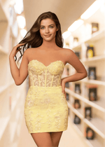 Edith |Bodycon Lace Mini Yellow Homecoming Dress - US0 - PromDressClub