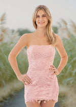Brianna | Bodycon Pink Lace Strapless Open Back Short Homecoming Dress - Pink - PromDressClub
