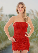 Brianna | Bodycon Pink Lace Strapless Open Back Short Homecoming Dress - Red - PromDressClub