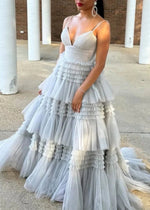 Bridget | Black Sage Green A Line Ruffle V Neck Prom Dress with Slit - Silver - PromDressClub