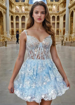 Bronte | Sparkle Confidently in a Light Blue Homecoming Dress with Ruffles & Corset - Light Blue - PromDressClub