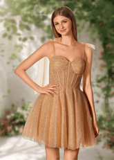 Cara | Ivory Glitter Sequin A Line Corset Short Homecoming Dress Bow - Champagne - PromDressClub