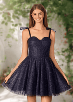 Cara | Ivory Glitter Sequin A Line Corset Short Homecoming Dress Bow - Navy Blue - PromDressClub