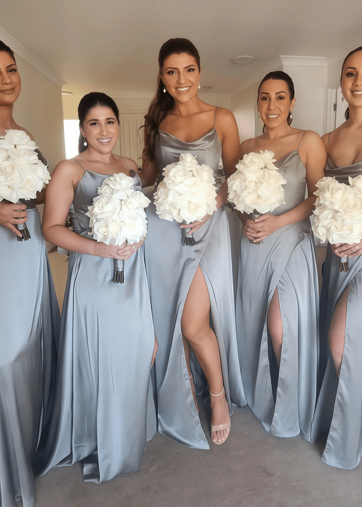 Carol | Sheath Spaghetti Straps Dusty Blue Satin Maxi Bridesmaid Dress with Slit and Cowl Neck - Price #price_variant_lowest# - Dusty Blue - PromDressClub