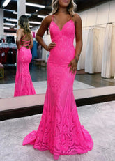 Cathy | Long Pink Prom Dress Sequin With Bodycon Mermaid V Neck Glitter Backless - Pink - PromDressClub