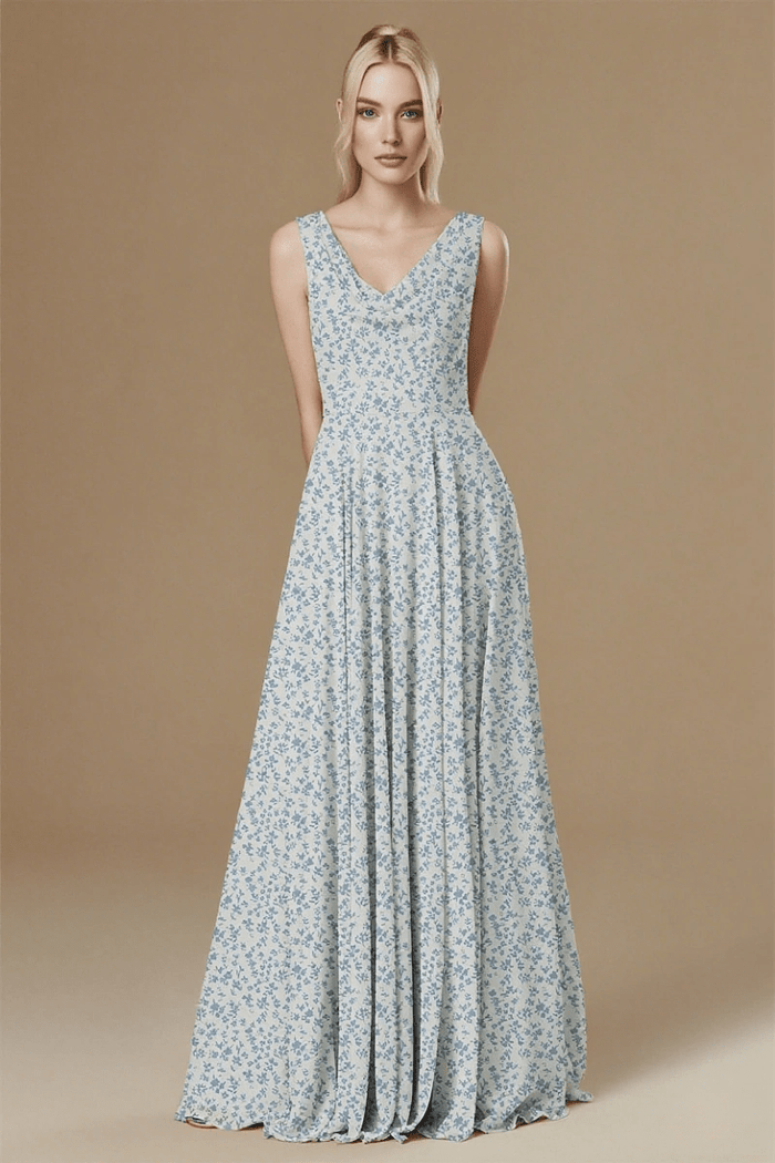 Chic Sensibility Blue and White Floral Bridesmaid Dress for Outdoor Elegance - Blue Floral - PromDressClub